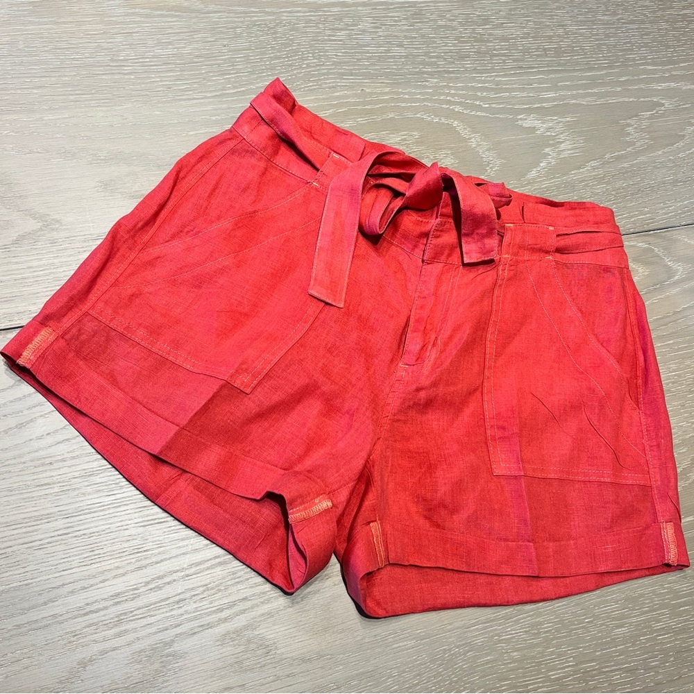 Joie Linen Shorts Women's Size 2 Tomato Red Tie Waist High Rise Cuffed 3” Inseam